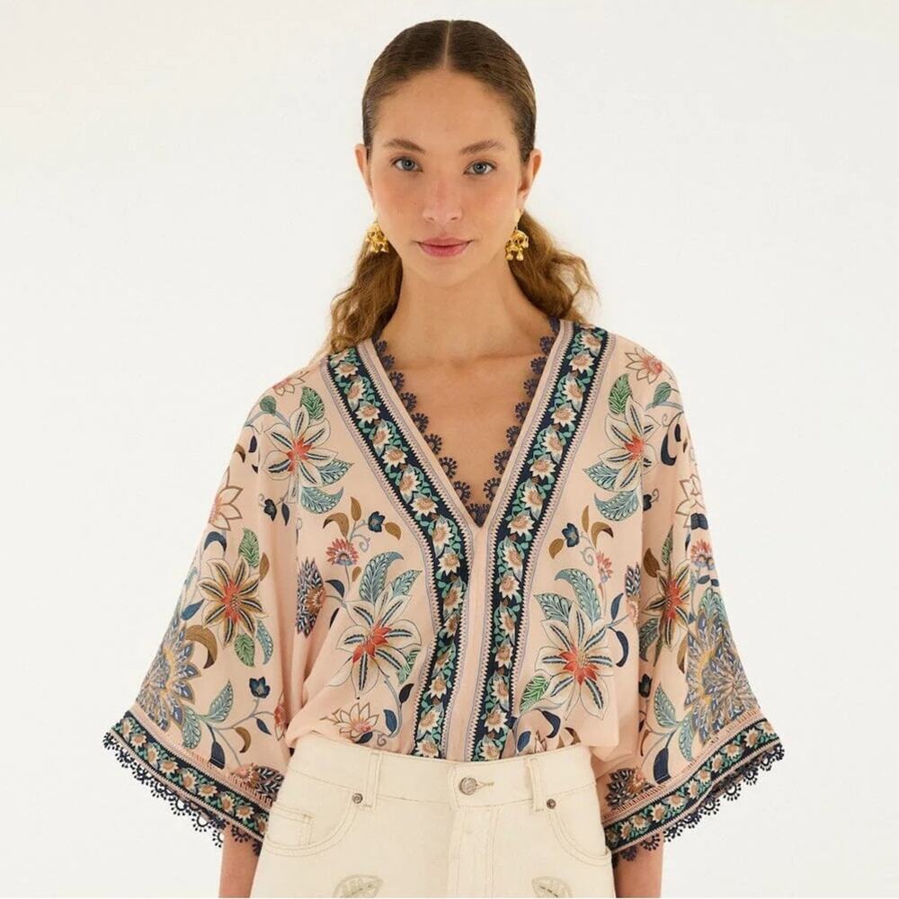 Farm Rio Soft Pink Floral Delhi Tapestry Kimono Sleeve Bodysuit M